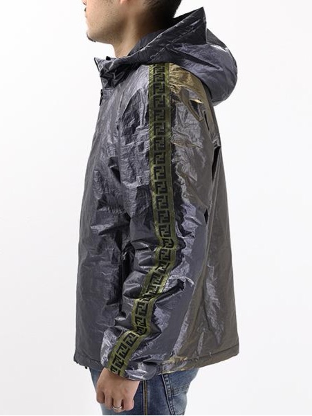Fendi Logo Black Metallic Hooded Windbreaker Packable